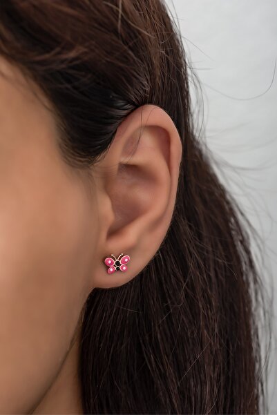 Nereze 925 Ayar Gümüş Minik Pembe Mineli Kelebek Küpe