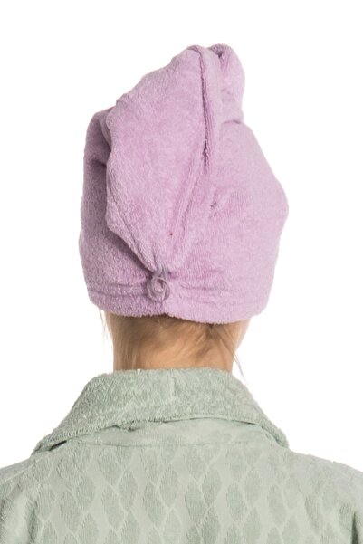 eumenia Lilac Colored Plain Eponj Towel - Buttoned Hair Drying Cap