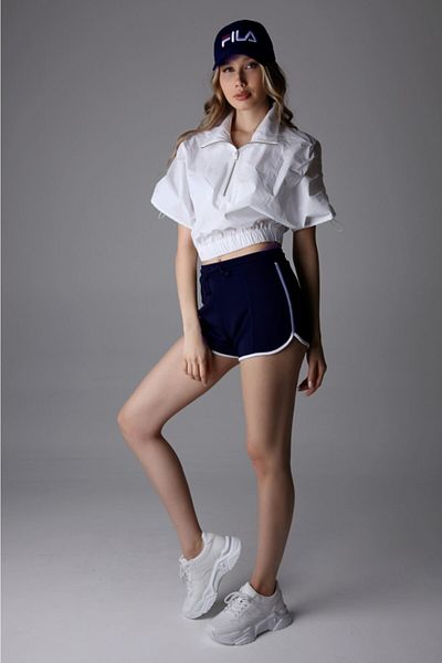 1Moda1Tarz Pantaloni scurți cu talie înaltă cu dungi din țesătură tricotată bleumarin, cu șireturi reglabile cu talie elastică