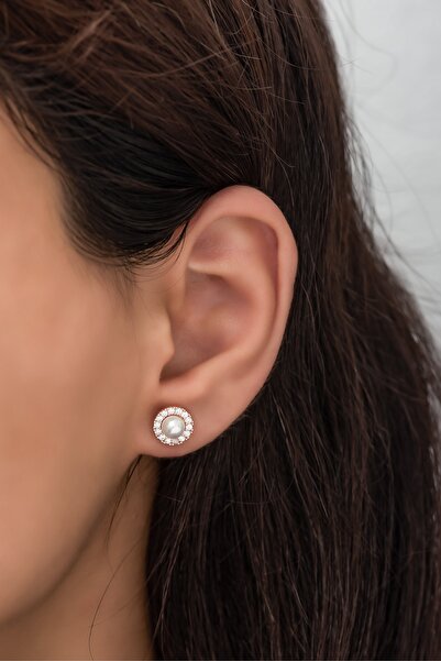 Nereze 925 Ayar Gümüş Rose Tektaş Inci Küpe