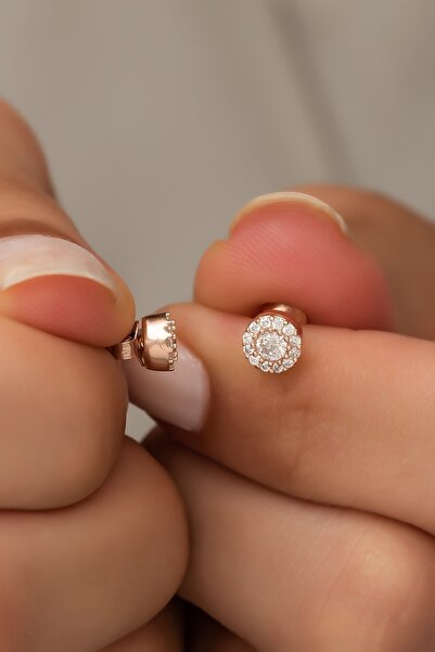 Nereze 925 Ayar Gümüş Minik Rose Zirkon Tektaş Küpe