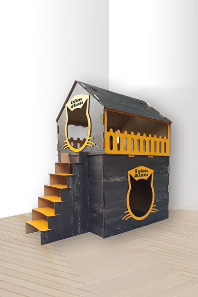 HOBİCİM Ahşap Dekoratif Iki Katlı Rebab Ve Turuncu Kedi Evi Yatak Hediyeli