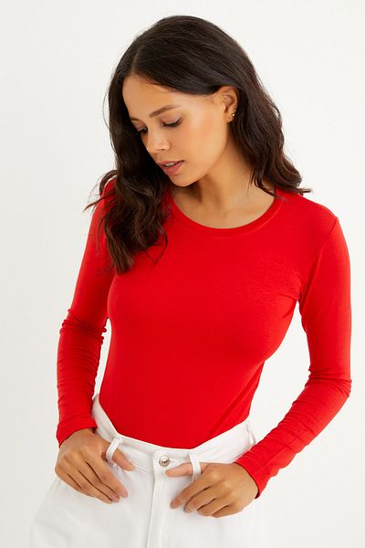 modavingo Women's Red Crew Neck Long Sleeve Badi