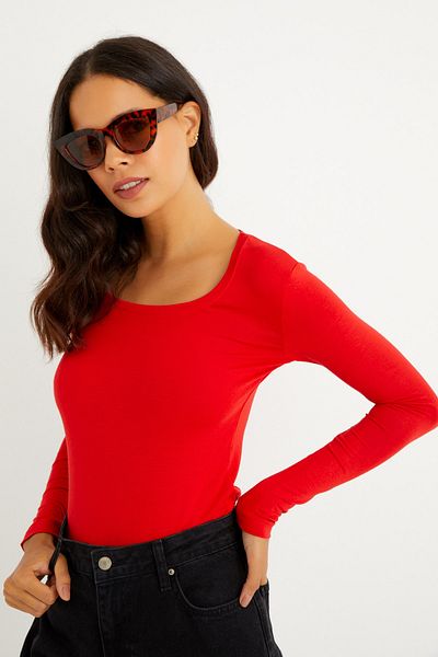 modavingo Women's Red Square Collar Long Sleeve Basic Badi