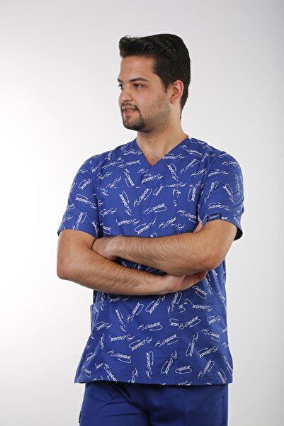 EMIR Erkek Desenli Saks Mavi Kemal Ata Imza Terikoton Tek Üst Cerrahi Forma