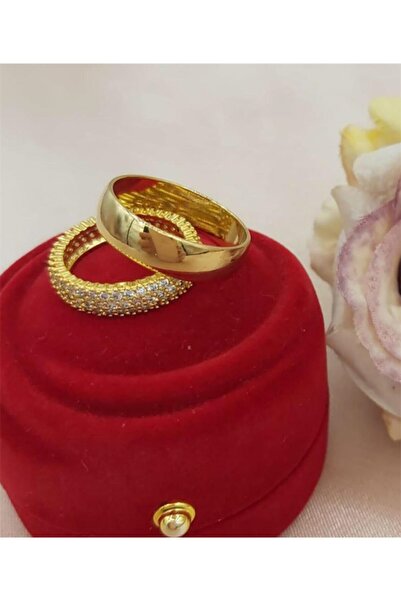 barisiva gold 22 Ayar Altın Kaplama Kadın Sıra Tamtur Yüzük Düz Alyans Kombin...