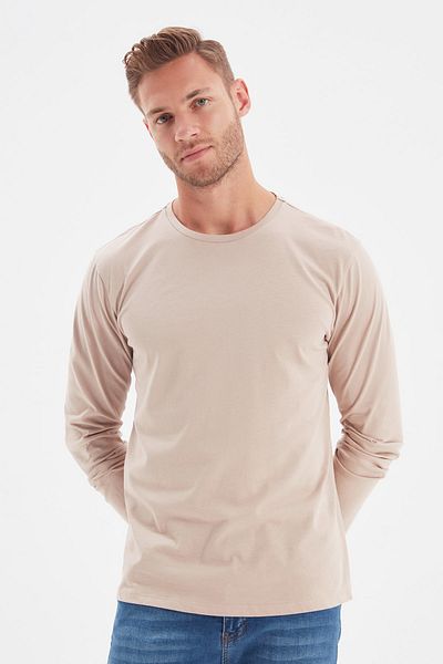 Trendyol Collection Stone Basic Regular/Regular Cut Crew Tričko s dlouhým rukávem 100% bavlna Tok Fabric TMNAW21TS0208
