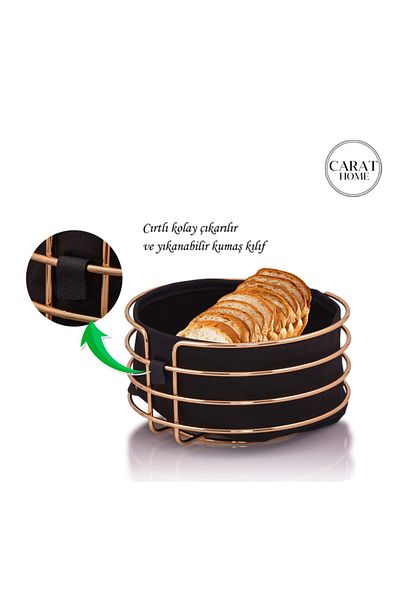 Carat Home Stainless Metal with Gold Stripe - Round Black Bread Basket