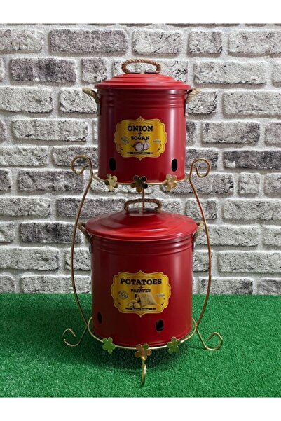 Feronyahome & Garden 2'li Gold Standlı Halatlı Kırmızı Patates Soğan Kovası