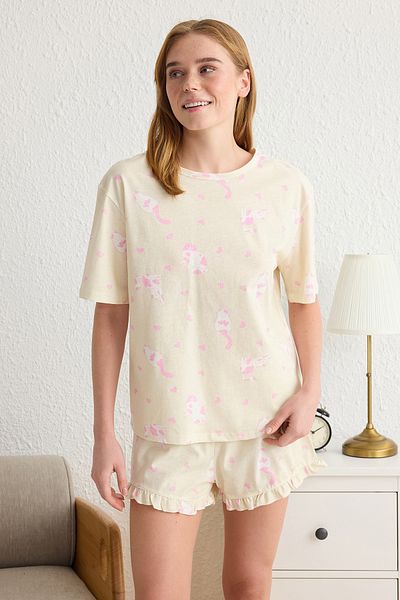 Trendyol Collection Ecru Animal Ruffle Single Jersey gestricktes Pyjama-Set THMSS25PT00071