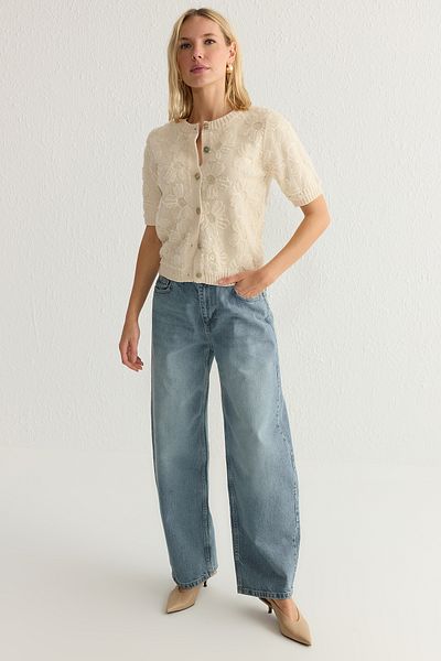 Trendyol Collection Ekrü tüll virágmintás kötöttáru kardigán TWOAW25HI00386