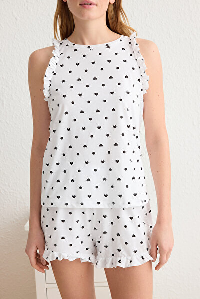 Trendyol Collection Ecru-Pyjama-Set aus 100 % Baumwolle mit geraden Rüschen und einfachem Jersey-Strick THMSS22AU0304