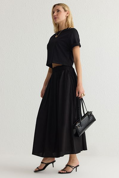 Trendyol Collection Fusta neagră evazată Maxi țesută cu talie elastică TWOSS25ET00017