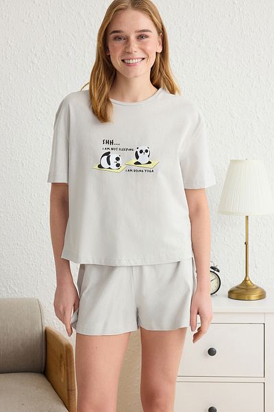 Trendyol Collection Hellgraues Animal Single Jersey-Strick-Pyjama-Set THMSS25PT00068