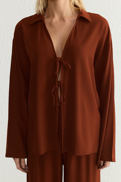 Trendyol Collection Tile Oversize Front Tie Blouse and Wide Leg Pants Woven Set Top and Bottom Twoss25Au00035