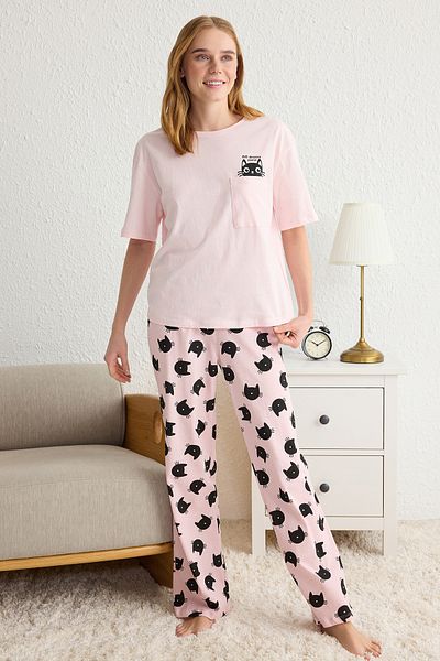 Trendyol Collection Pink 100% Cotton Cat Pattern Knitted Pajamas Set Thmss25Pt00161