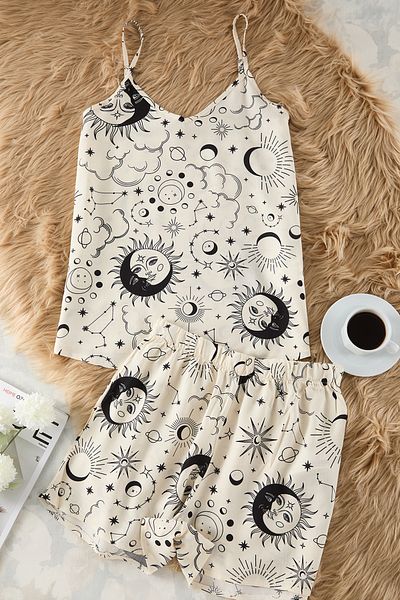 Trendyol Collection Sada tkaného pyžama Galaxy Shally Ecru - Thmss23Pt00006