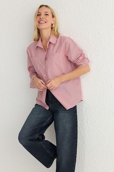Trendyol Collection Голяма широка тъкана риза с червени райета Twoaw23Go00359