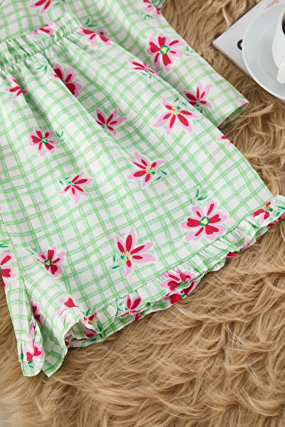 Trendyol Collection Pajama Set with Viscose Shorts - Mint Floral Print, Ruffles Thmss23Pt00167