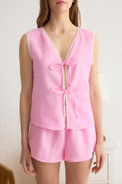 Trendyol Collection Pink 100% Cotton Woven Pajama Set with Lace and Binding/Bow Muslin Shorts Thmss25Pt00025