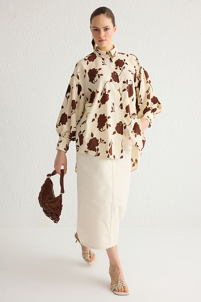 Trendyol Modest Bézs virágos texturált szövet túlméretes ing TCTSS25TG00001