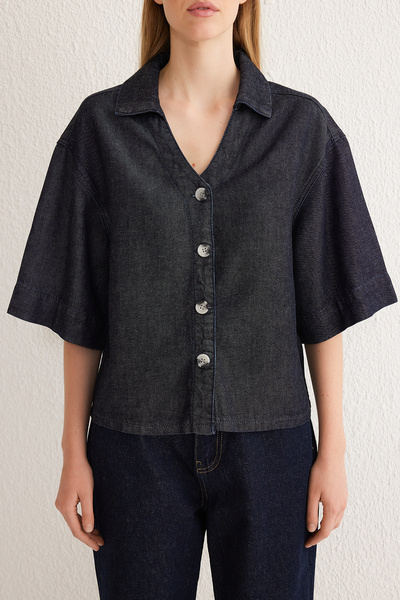 Trendyol Collection Dark Blue 100% Tencel ™ V-Neck Denim Shirt Twoss25Go00001