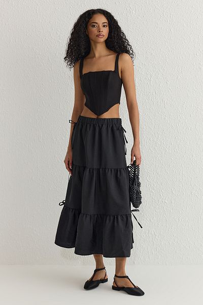 Trendyol Collection Panglică din țesătură parașută neagră detaliată fustă țesătă cu lungime maxi în linie A TWOSS25ET00033