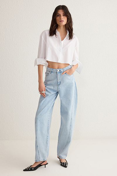 Trendyol Collection Blugi largi cu barrel cu talie înaltă cu cusături albastru deschis TWOSS25JE00019