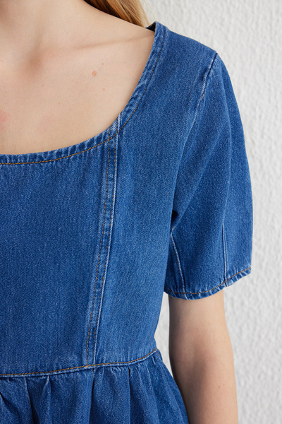 Trendyol Collection Blue Stitching Detail Flounce Denim Blouse Twoss25Bz00001