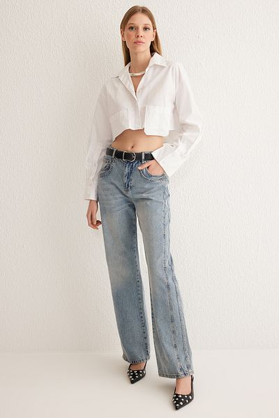 Trendyol Collection Blugi cu talie obișnuită cu cusături albastre TWOSS25JE00033