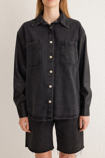 Trendyol Collection Black Contrast Leather Detail Oversize Denim Shirt Jacket Twoss25Ce00012