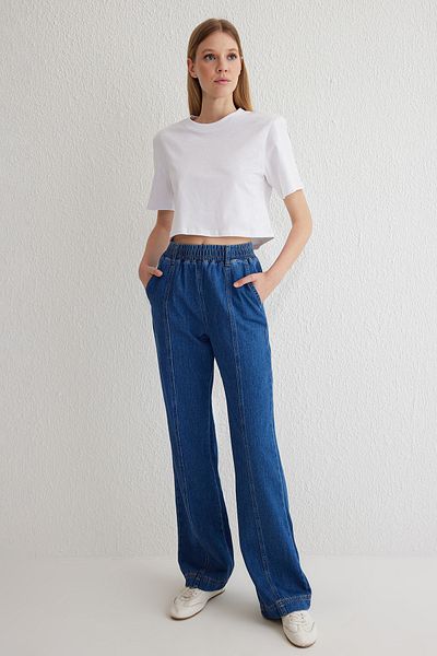 Trendyol Collection Blugi cu picior lat cu talie înaltă, cu cusături albastre, cu talie elastică TWOSS25JE00006