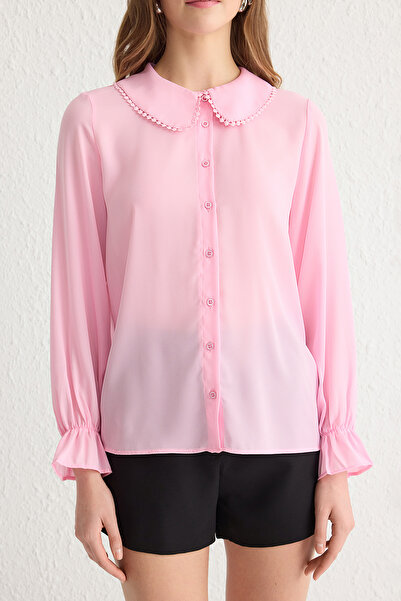 Trendyol Collection Cămașă țesătă cu volane cu guler roz deschis TWOAW21GO0717