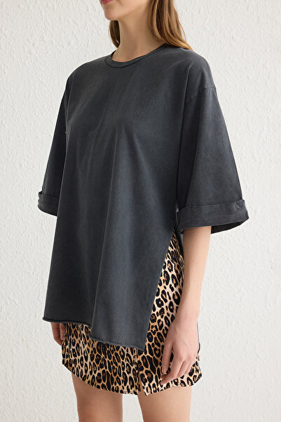 Trendyol Collection Μπλουζάκι Boyfriend ασύμμετρης κοπής - Anthracite, 100% βαμβάκι, διπλό μανίκι, TWOSS20TS0828