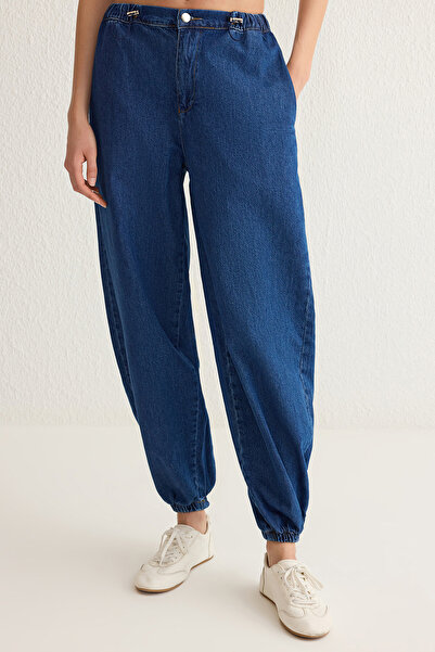 Trendyol Collection Dark Blue Elastic Waist High Waist Balloon Jogger Jeans Twoss25Je00008