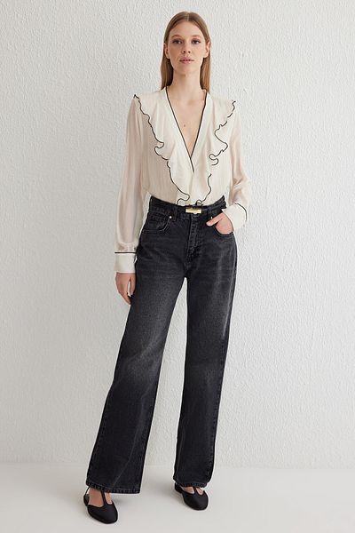 Trendyol Collection Blugi negri cu talie înaltă cu picioare largi TWOSS25JE00117