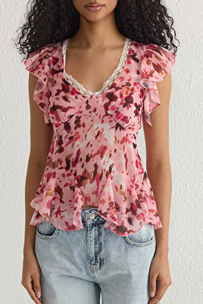 Trendyol Collection Ροζ Yoryo σιφόν φλοράλ υφαντή μπλούζα TWOSS25BZ00107