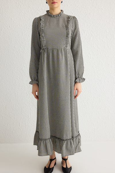Trendyol Modest Black Gingham Print Ruffle Detail Woven Dress Tctss21Eb0028