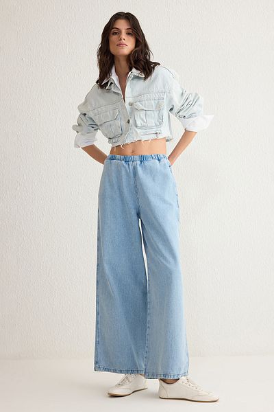 Trendyol Collection Blugi cu talie înaltă cu talie elastică albastră TWOSS25JE00037
