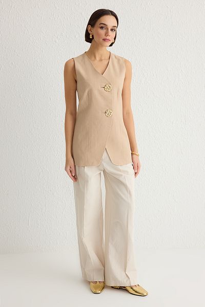 Trendyol Collection Beige Fitted Linen Effect Button V-Neck Woven Vest Twoss25Ye00025