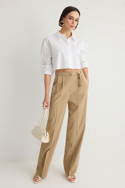 Trendyol Collection Beige Straight/Straight Cut Belt Detailed Woven Trousers Twoss24Pl00023