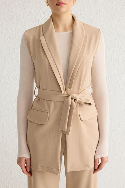 Trendyol Modest Striped Beige Vest and Trousers Set - Pocket Detail, Woven Tctss25Us00006
