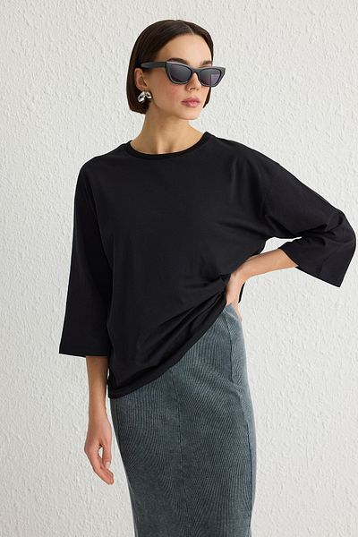 Trendyol Collection Black Comfortable Fit - 100% Cotton Three Quarter Sleeve T-Shirt Twoss25Ts00020