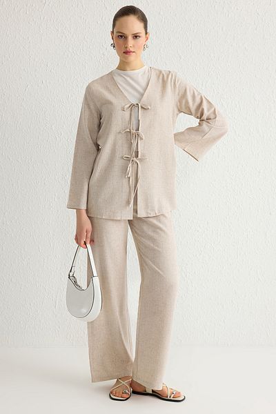 Trendyol Modest Beigefarbenes, mit Leinen gewebtes Hijab-Unterteil und Oberteil – TCTSS25US00002
