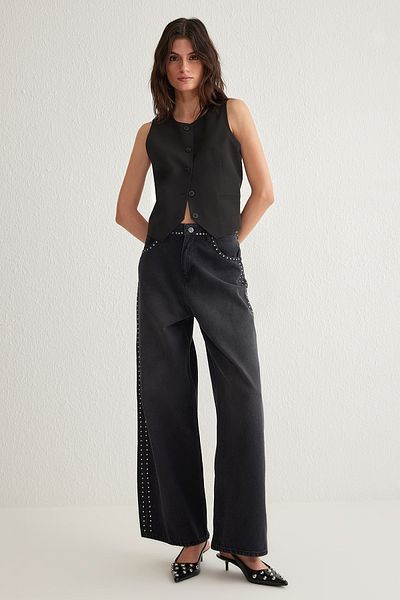 Trendyol Collection Black Silver Troc Stone Detailed Palazzo Jeans - Regular Waist, Extra Wide Leg Twoss25Je00024