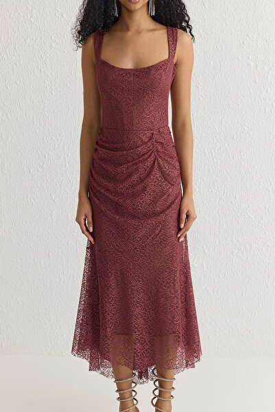 Trendyol Collection Pletené šaty z Dusty Rose krajky s podšívkou a šňůrkou - Tprss25El00048