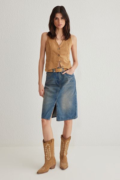 Trendyol Collection Kék hasított midi farmer szoknya TWOSS25ET00022