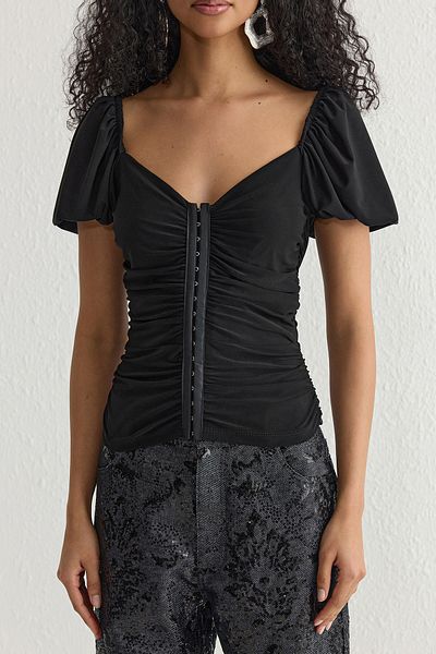 Trendyol Collection Μαύρη πλεκτή μπλούζα με μανίκια με μπαλόνι TPRSS25BZ00024