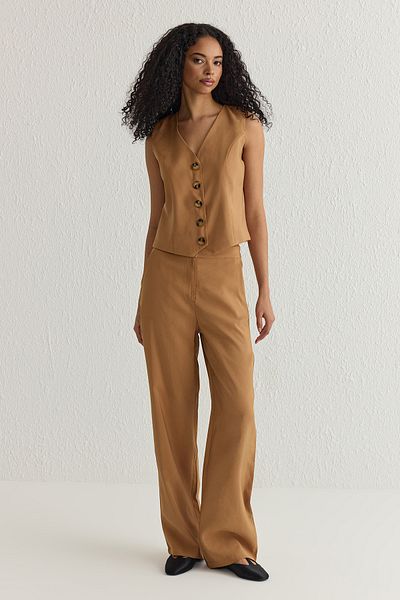 Trendyol Collection Soft Button Camel Modal Vest and Wide Leg Pants Set - Twoss25Au00027
