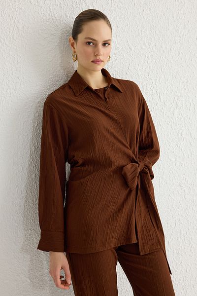 Trendyol Modest Καφέ δέσιμο Λεπτομερές υφαντό κοστούμι κάτω-κορυφή TCTSS25US00000